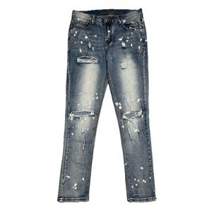 Rue 21 Skinny Supreme Flex Jeans Mens 30x32 Measures 30x29.5 Distressed Splatter